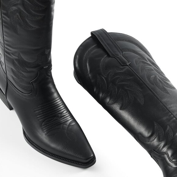 🆕Women's Black Calf High Pointed Toe And Block Heel Suede And Faux Leather Boot - Picture 3 of 10